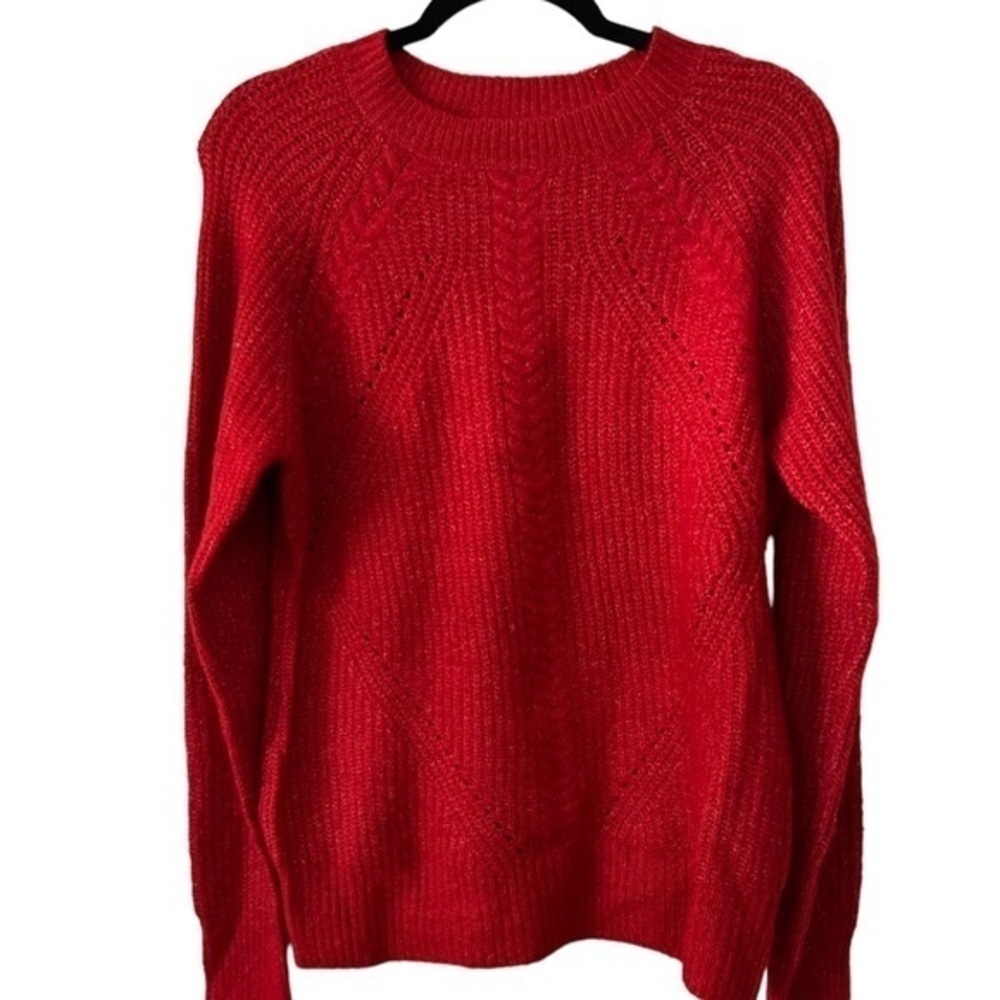 Bright Red Ribbed Knit Relaxed Fit Pullover Sweater Size Large - Picture 2 of 4